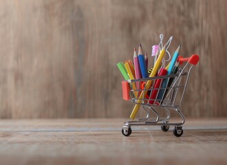 Miniature shopping cart with school supplies on wooden background