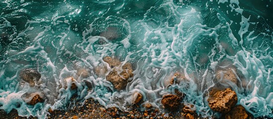 a brown stone shore with an uneven surface and clear blue water with foamy waves; portraying minimal