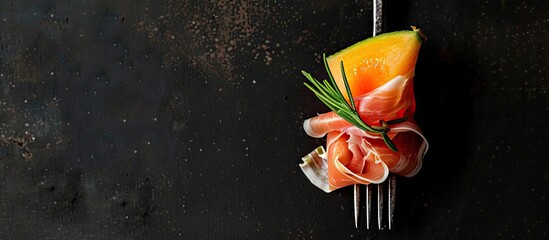 Canvas Print - Prosciutto-wrapped melon and rosemary on a fork against a black backdrop with copy space image.