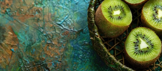 Poster - Baked baskets filled with vibrant exotic green kiwis showcased on a copy space image.