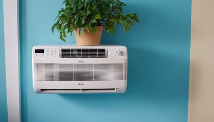 Sticker - Empty blue living room with air conditioner 3d interior. Air conditioning on the wall in the living room with large windows and indoor plants