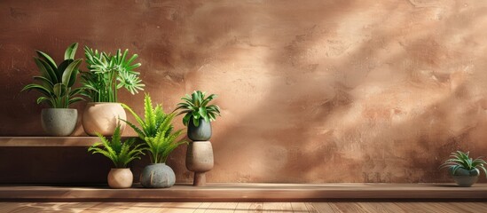 Poster - Interior design with houseplants in pots on a wooden table near a brown wall, creating a cozy ambiance for the copy space image.