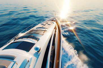 Poster - Luxury motor yacht speedboat driving on the sea at sunset, aerial view of white luxury speedboat speeding in open ocean with waves splashing behind