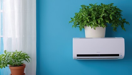 Poster - 3d air conditioner blue wall with plant