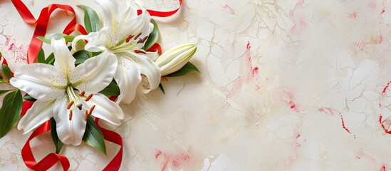 Wall Mural - A vibrant floral image with white lilies and red borders, a peony lily on a light backdrop, providing empty space for text or other elements within the picture. image with copy space