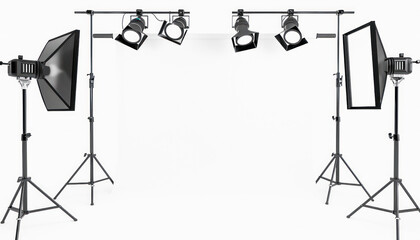 in a photo studio, there is an array of lighting equipment set up against a white background