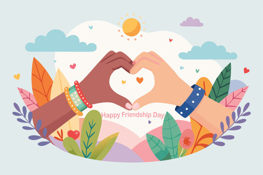 Two hands holding each other, one brown skin and the second white skin with colorful bracelets on their fingers forming an X shape. 