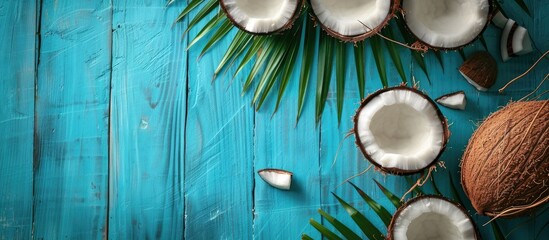 A blue wooden desk features fresh coconuts and a summer-themed flat copy space image.