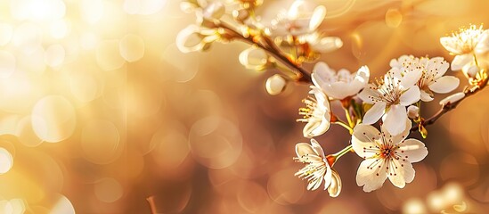 Poster - sunlit macro view of blooming cherry branches in the background with space for text or an image. cop
