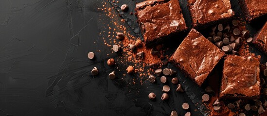 Delicious homemade double chocolate brownies with chocolate chips and cocoa powder on a black table with copy space image.