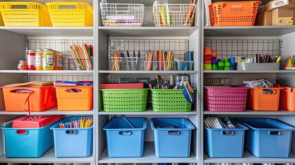 Organized back to school storage room with neatly labeled bins, student supplies, and efficient layout, tidy and functional