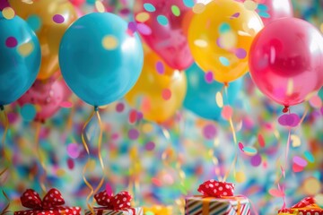 Poster - A joyful scene of bright balloons, confetti, and presents at a childrens birthday party. Generative AI