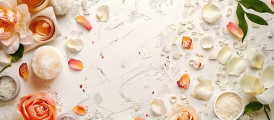 Sticker - Top view of a spa setting featuring skincare products, flower petals, and a light backdrop, offering ample copy space image.