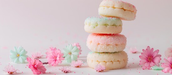 Poster - Spring or Easter themed butter cookies arranged in a stack surrounded by pink and green colors against a white background - ideal for copy space image.