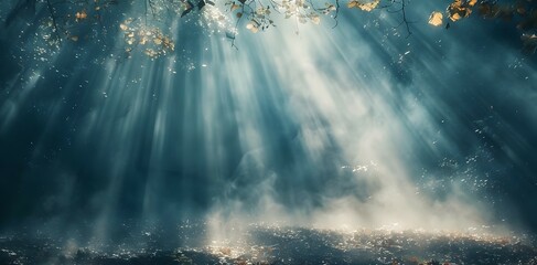 Poster - Enchanting Autumn Forest with Mystical Sunlight Rays Breaking Through Misty Atmosphere