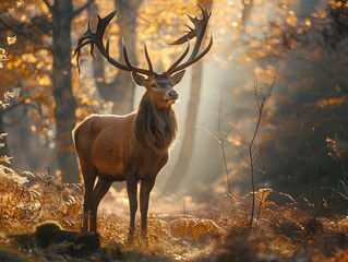 Canvas Print - Majestic Stag Standing in Misty Autumn Forest Antlers Illuminated by Sunlight