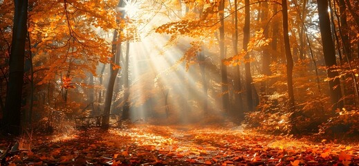 Poster - Golden Autumn Forest With Vibrant Orange Leaves And Sunlight Filtering Through