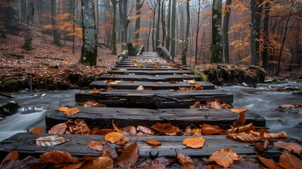 Sticker - Rustic Wooden Bridge Over Autumn Covered Stream in Peaceful Forest Landscape