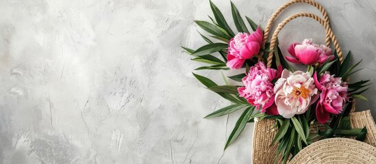 Sticker - Top view of a straw basket bag holding a beautiful bunch of peonies on a light concrete background with copy space image.