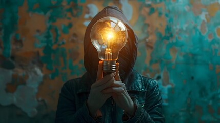 Canvas Print - Person Holding Glowing Light Bulb Above Head Symbolizing Sudden Idea or Concept