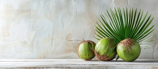 Sticker - Coconut, a green tropical fruit, displayed on a white wood background with copy space image.