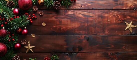 Wall Mural - A festive top-view scene with Christmas decorations on a wooden table, providing room for your messages in a copy space image, creating a holiday-themed background.