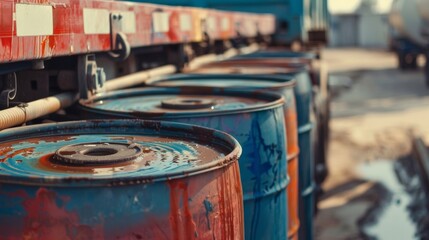 Wall Mural - A close-up, detailed macro shot captures multiple oil drums being carefully loaded onto a truck, highlighting the industrial and logistical aspects of transportation