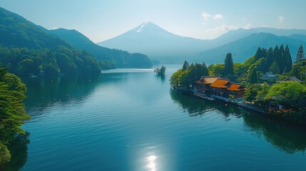 Wall Mural - Scenic drone capture of Lake Ashi with a view of Hakone Shrine and Mount Fuji