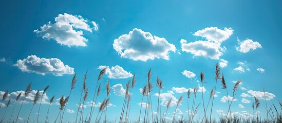 Wall Mural - A summer scene featuring a copy space image: reeds silhouetted against a blue sky dotted with Cirrus clouds.