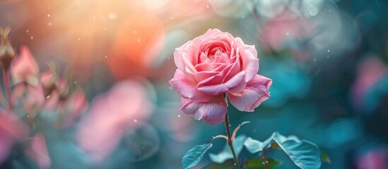 Wall Mural - A pink rose in full bloom stands out in the picturesque rose garden with copy space image.