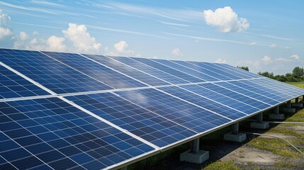 Solar panels absorbing sunlight on a clear sunny day.  Concept of renewable energy, clean energy, sustainability, and environmentalism.