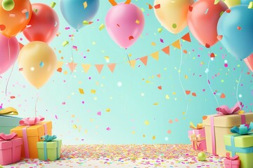 Poster - A vibrant scene with colorful balloons, confetti, and presents, perfect for a childs birthday party. Generative AI