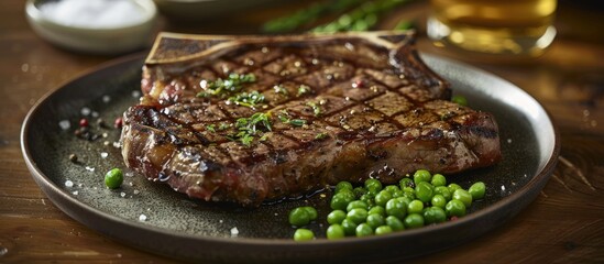 Wall Mural - A classic New York steakhouse favorite, a Grade A angus beef T-bone steak, cooked medium to rare, garnished with peas, olive oil, salt, and pepper, perfect for a copy-space image.