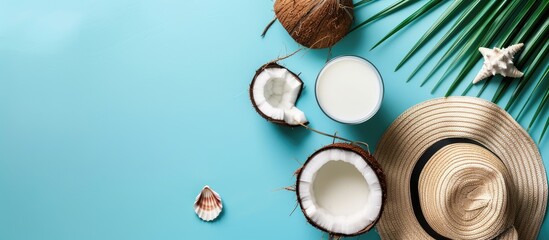 Top view of vegan coconut milk, coconut piece, summer hat, and seashell on a blue background with ample copy space image.