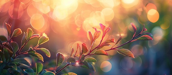 Poster - a youthful shrub in nature amid warm sunset rays, creating a spring/summer themed backdrop with a be