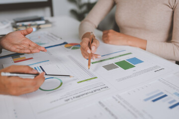 Wall Mural - Two businesswomen meet, discuss, brainstorm, point at graphs and charts to analyze online market data, calculate balance sheets, accounts, net profit to plan company sales strategies.