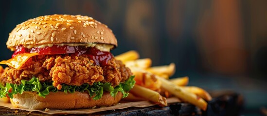 Close-up view of a mouthwatering burger featuring a crunchy chicken patty and fries on a dark wooden surface, providing a copy space image.