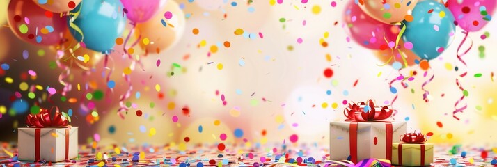Poster - A colorful backdrop of bright balloons, confetti, and presents for a happy childrens birthday party. Generative AI