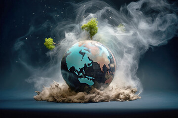 Wall Mural - A globe, choked by smoke and dust, with small trees clinging to its surface, symbolizes the environmental catastrophe impacting our planet