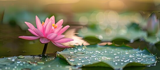 Sticker - Detailed close-up of a vibrant pink lotus flower against a natural backdrop including a lily pad, with ample space for additional text or imagery. Explore the varied significance of lotus across