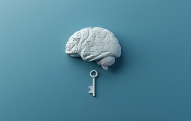 Poster - A human brain and key on a blue background, representing the concept of knowledge