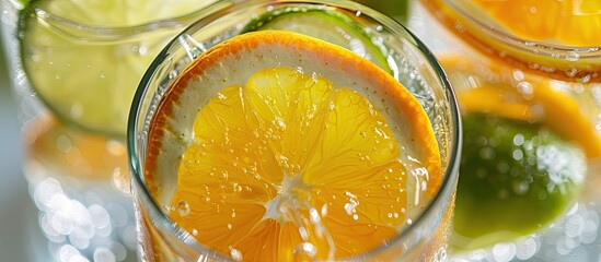 Wall Mural - Citrus-infused water with orange, lemon, and lime: a summery, revitalizing beverage perfect for your next get-together! Ideal for a copy space image.