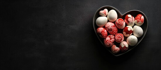 Wall Mural - valentine's day concept: heart-shaped and rose-patterned eggs in white paper with a black background