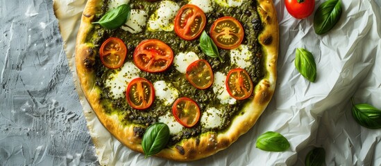 Wall Mural - Overhead view of a homemade pesto pizza topped with fresh tomatoes and mozzarella on a cloth surface, providing copy space image.