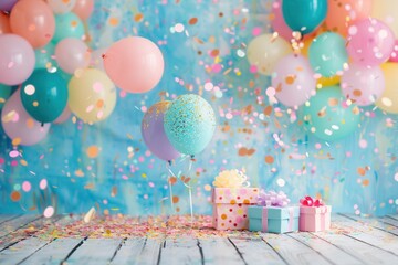 Poster - Colorful balloons, confetti, and presents on a wooden surface with a blue background create a festive birthday backdrop, ideal for childrens parties. Generative AI