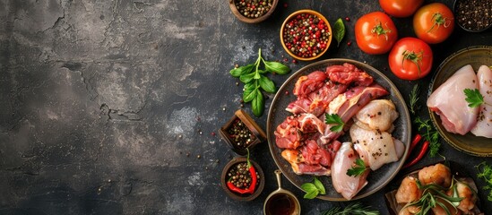 Sticker - A menu concept featuring marinated raw chicken, poultry, and carcass meat on a food background, displayed from a top view with copy space image.