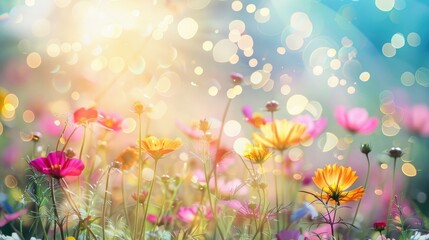 Wall Mural - Colorful flower meadow under sunbeams with blue sky and bokeh lights ideal for summer greeting cards and nature backgrounds