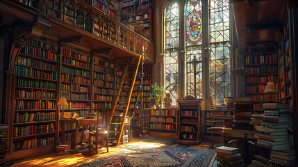 Wall Mural - A large library with many bookshelves and a stained glass window