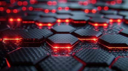 Wall Mural - Abstract geometric background of black hexagons with red glowing lights. Futuristic, technological, and modern design concept.