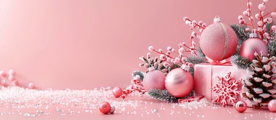 Wall Mural - A festive holiday arrangement with pink ornaments, wooden snowflakes, glitter, and a gift box on a soft pink backdrop. Ideal for Christmas and winter themes with ample space for text or images.